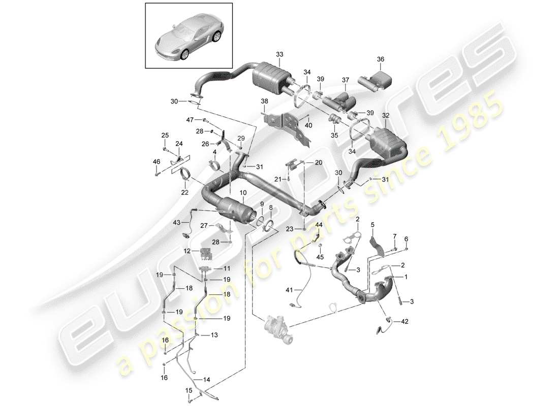 porsche 718 cayman (2020) diagramma delle parti del sistema di scarico