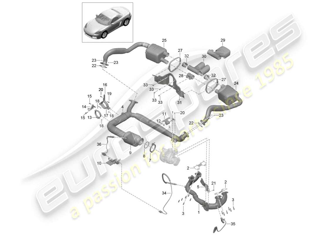 porsche 2020 (718 boxster) sistema di scarico silenziatore convertitore catalitico diagramma delle parti