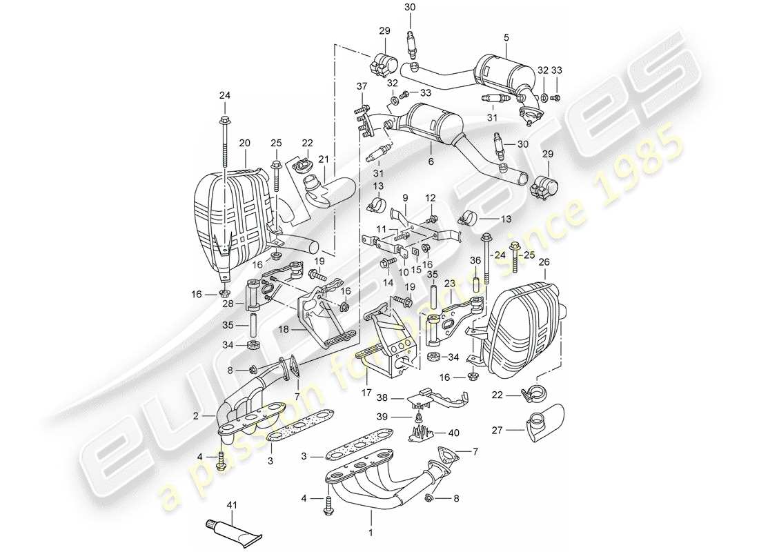 porsche 996 (2001) diagramma delle parti del sistema di scarico