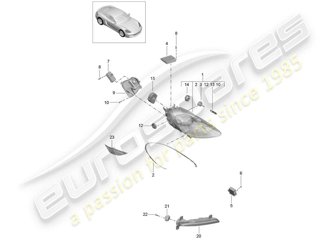 porsche 2020 (718 cayman) diagramma delle parti del faro