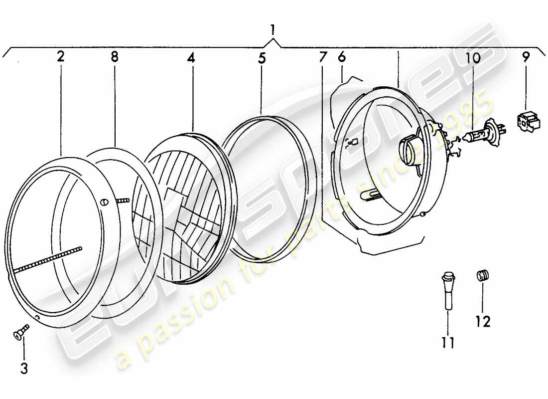 porsche 1973 (911) faro - h 4 - d - mj 1972>> diagramma delle parti