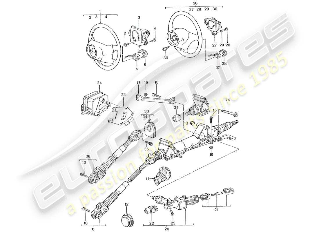 porsche 2001 (986 boxster) tubo di protezione sterzo - albero intermedio dello sterzo - volante schema parte