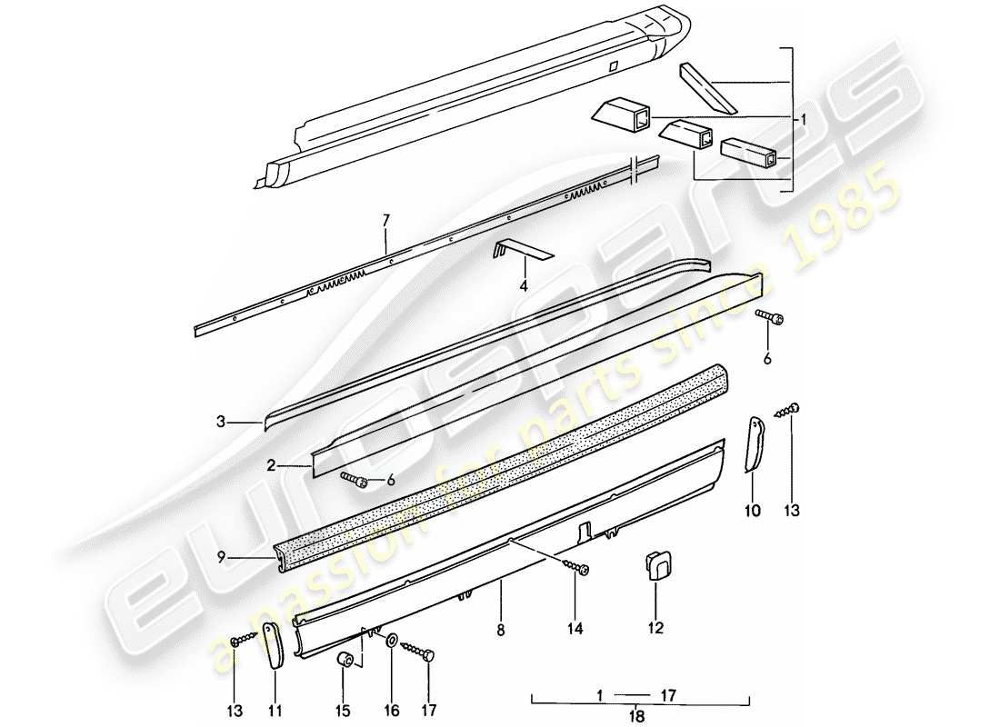 porsche 1987 (911) modello speciale - design a naso piatto - pannellatura esterna schema delle parti