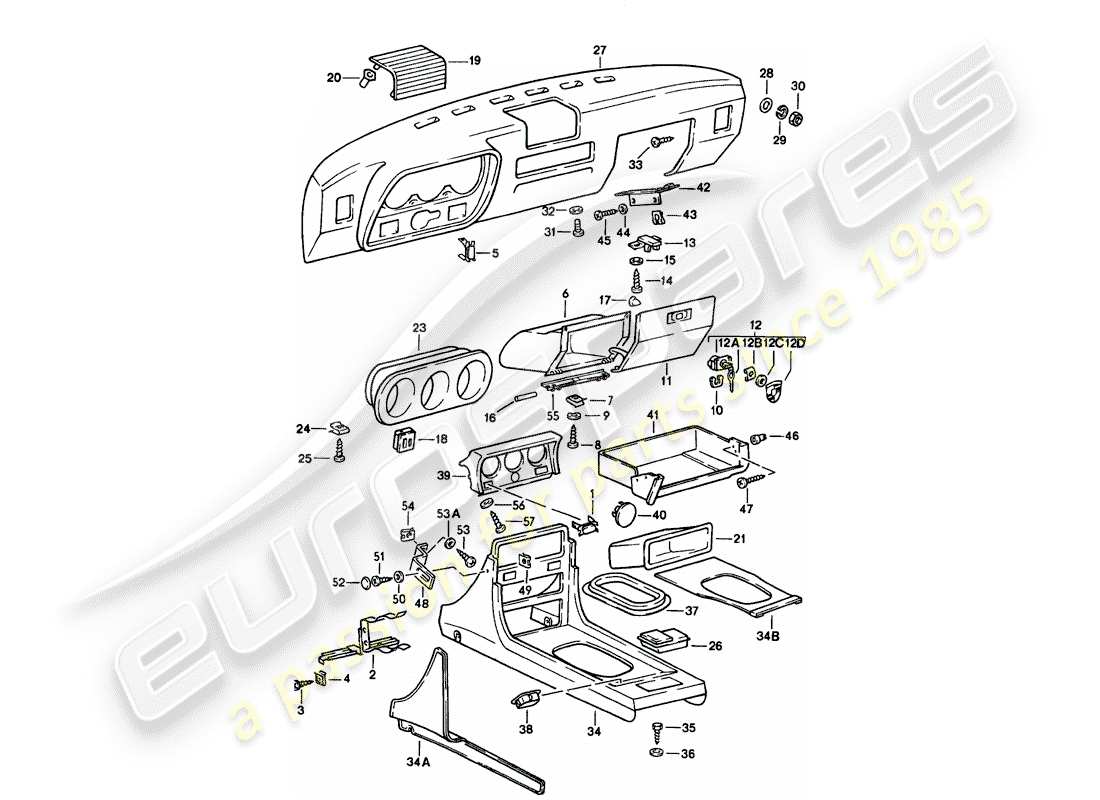 porsche 1987 (924s) cruscotto - console centrale schema delle parti