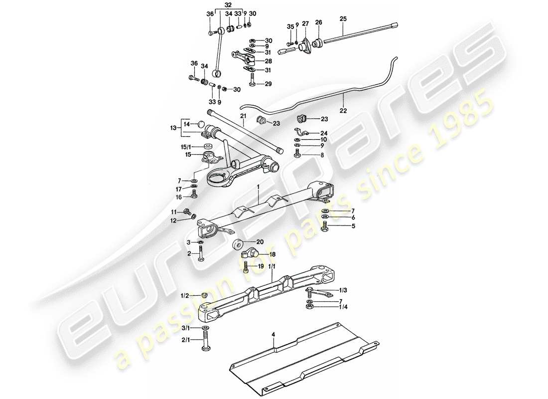 porsche 1977 (911) assale anteriore - stabilizzatore - supporto ausiliario in acciaio schema delle parti