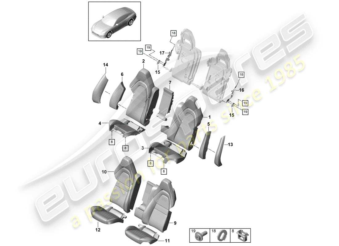 porsche 2018 (panamera 971-1) diagramma delle parti del sedile