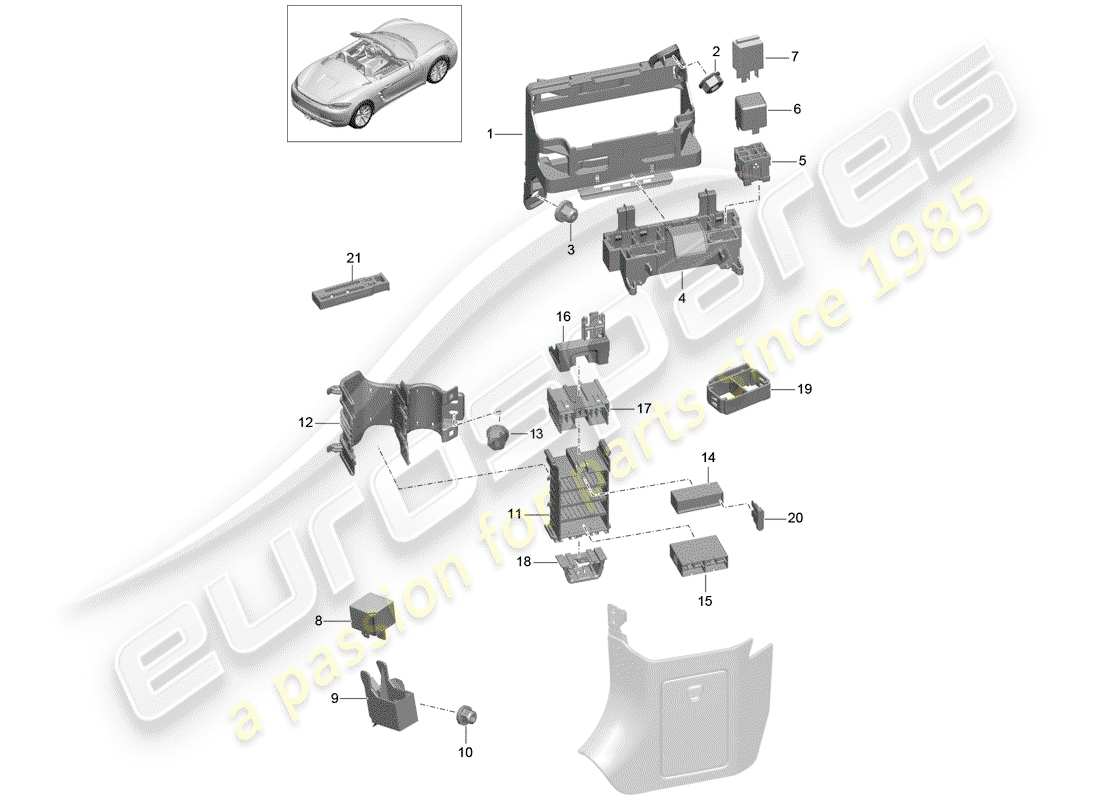 porsche 2018 (718 boxster) scatola dei fusibili/piastra relè diagramma delle parti