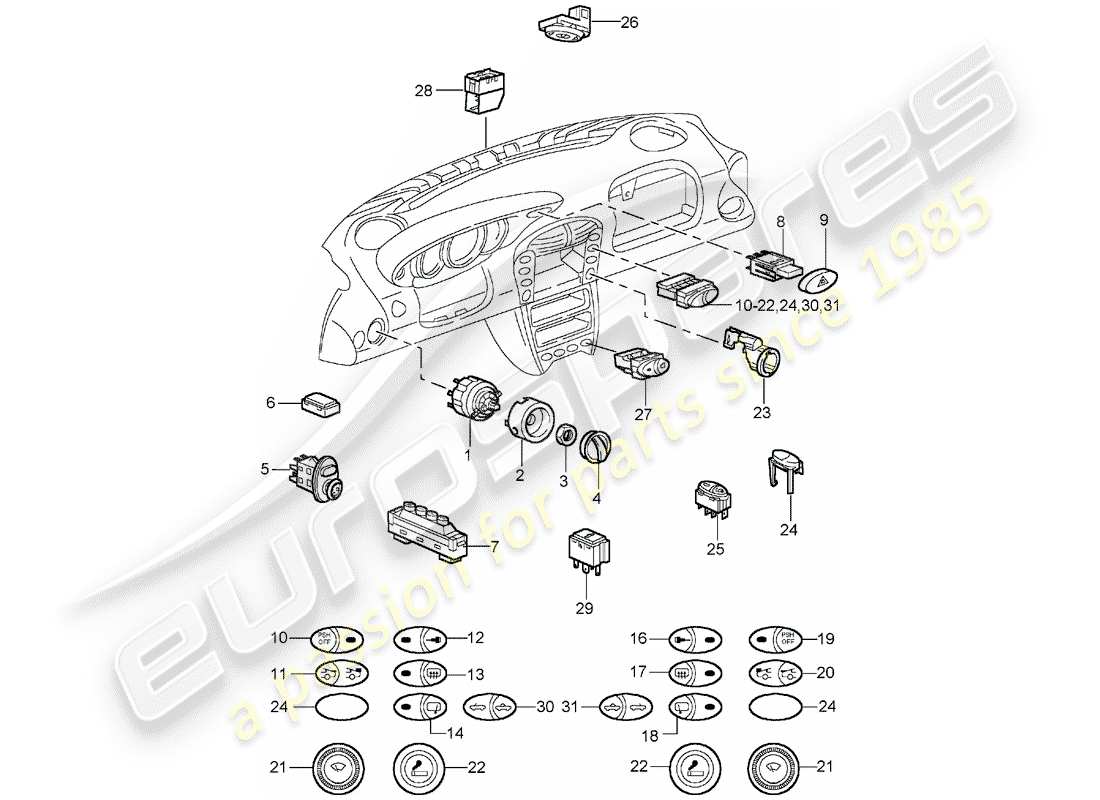porsche 2003 (996 turbo / gt2) diagramma delle parti dell'interruttore