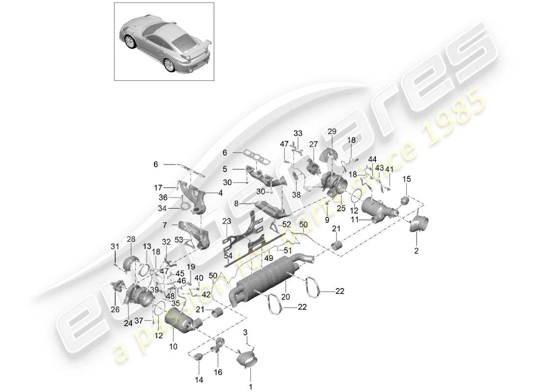 porsche 991 turbo (2020) diagramma delle parti del sistema di scarico