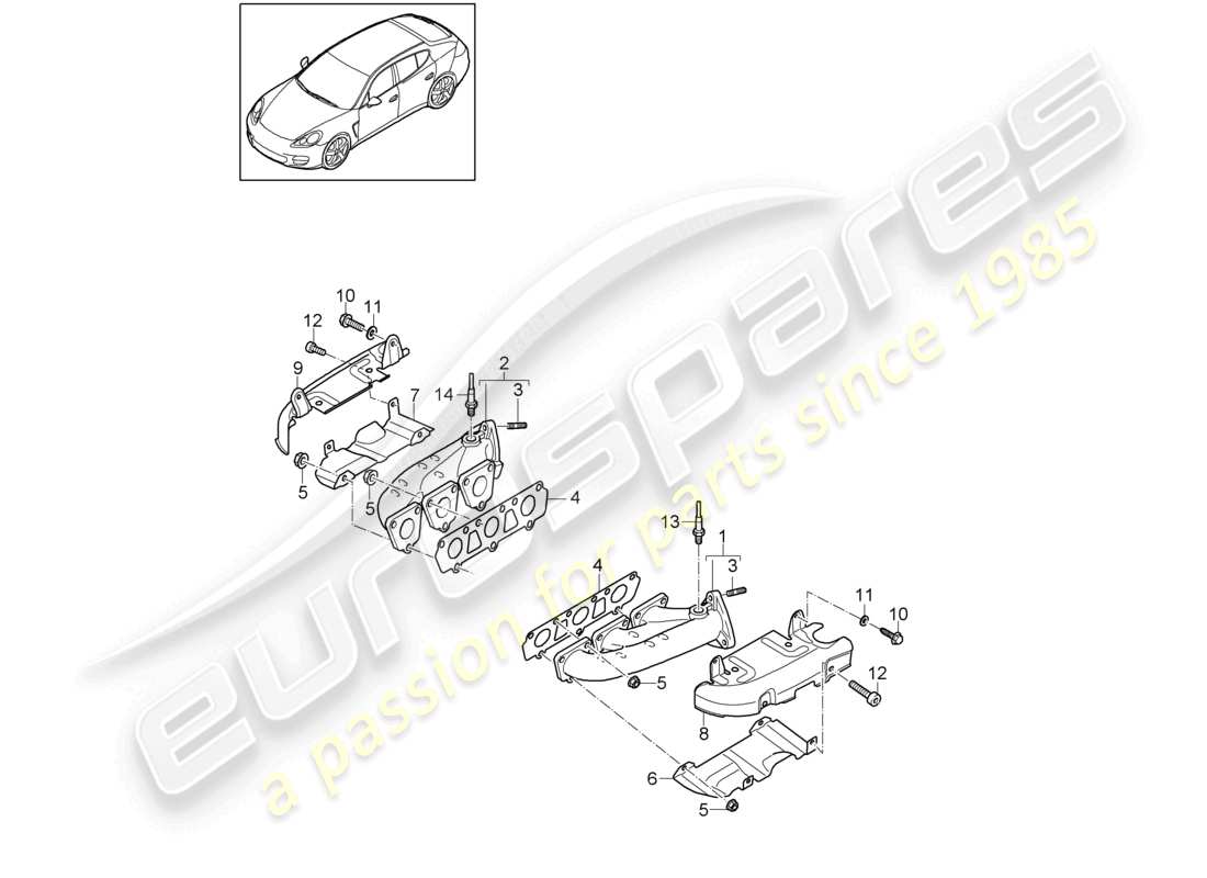 porsche 2010 (cayenne e1 9pa) sistema di scarico collettori di scarico diagramma delle parti