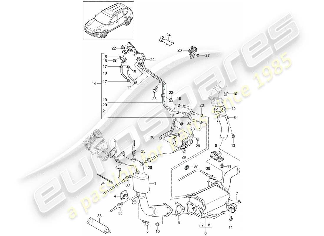 porsche 2018 (cayenne e2 92a) impianto di scarico diagramma delle parti