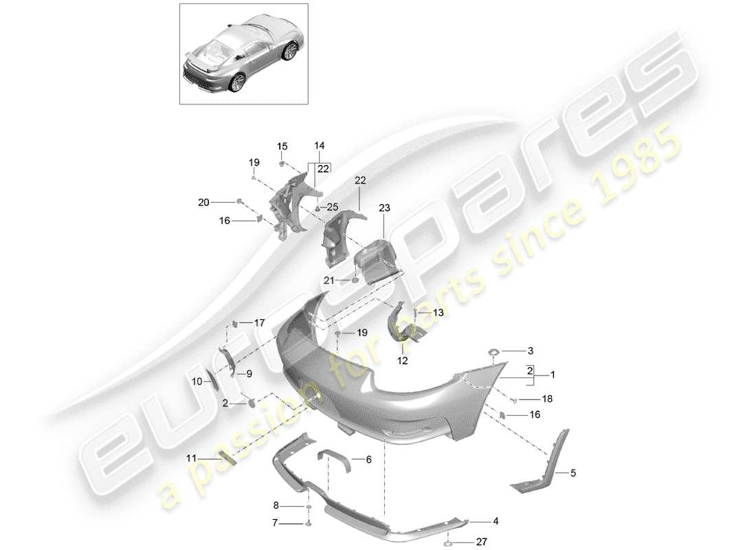 porsche 2015 (991-1 r/gt3/rs) diagramma delle parti del paraurti