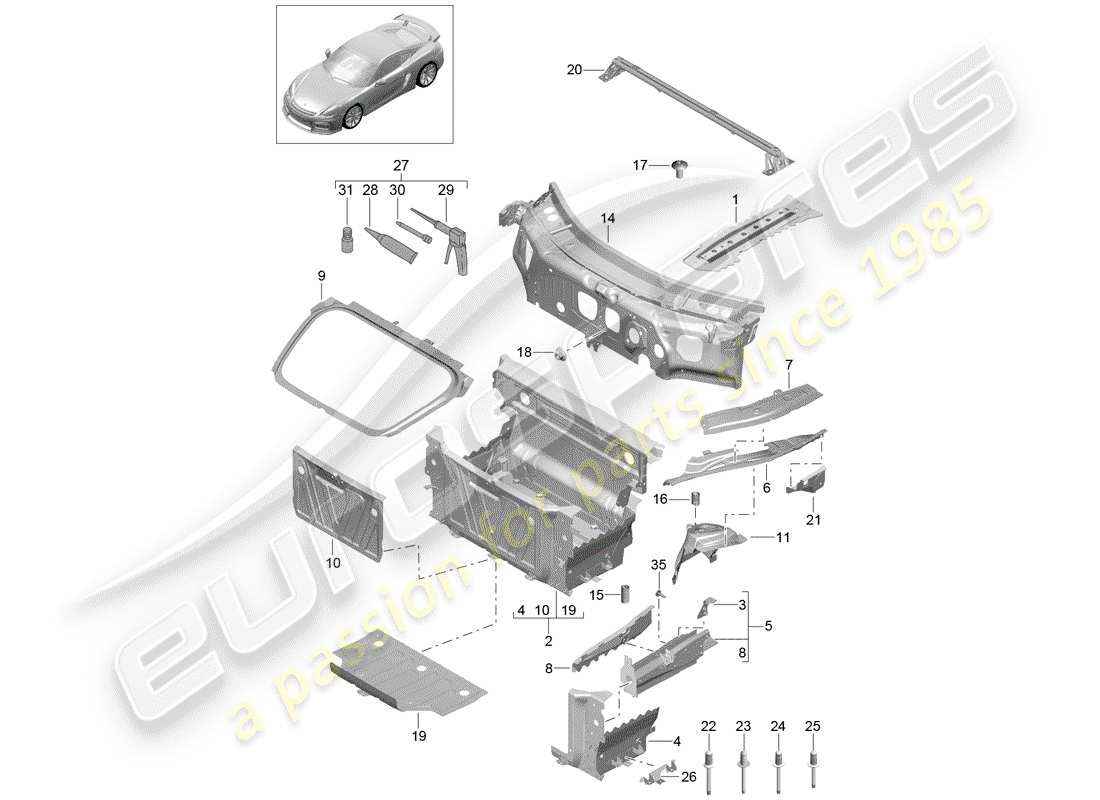 porsche 2016 (981 cayman gt4) schema delle parti frontale