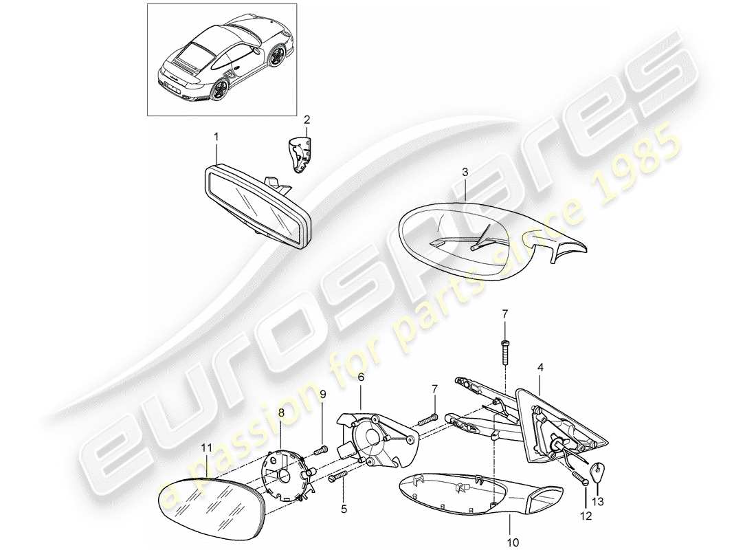 porsche 2011 (997-2 turbo / gt2 rs) specchietto retrovisore interno diagramma delle parti