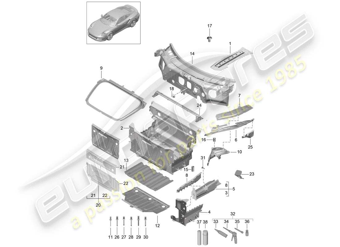 porsche 2019 (991-2 turbo) schema delle parti frontale