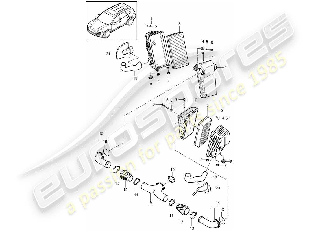 porsche 2012 (cayenne e2 92a) filtro dell'aria con collegamento diagramma delle parti