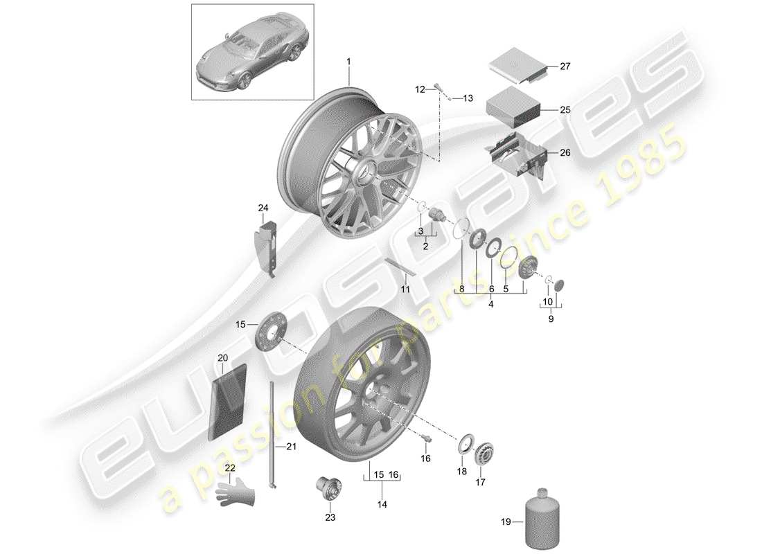 porsche 2017 (991-2 turbo) cerchio in lega con diagramma delle parti