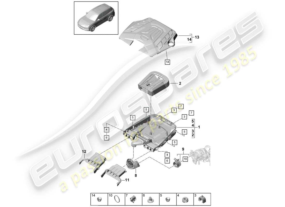porsche 2020 (cayenne e3 9ya/9yb) filtro dell'aria con collegamento diagramma delle parti