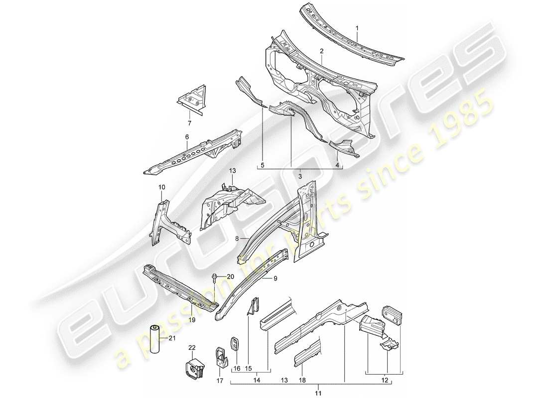 porsche 2007 (cayenne e1 9pa) fine frontale diagramma delle parti