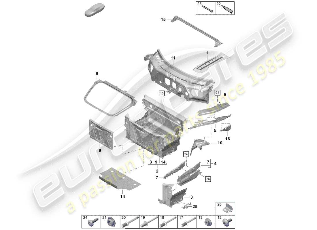 porsche 2019 (718 boxster spyder) fine frontale diagramma delle parti
