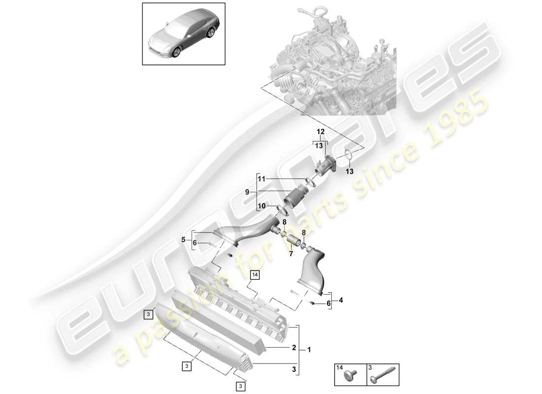 porsche 2019 (panamera 971-1) filtro dell'aria con collegamento diagramma delle parti