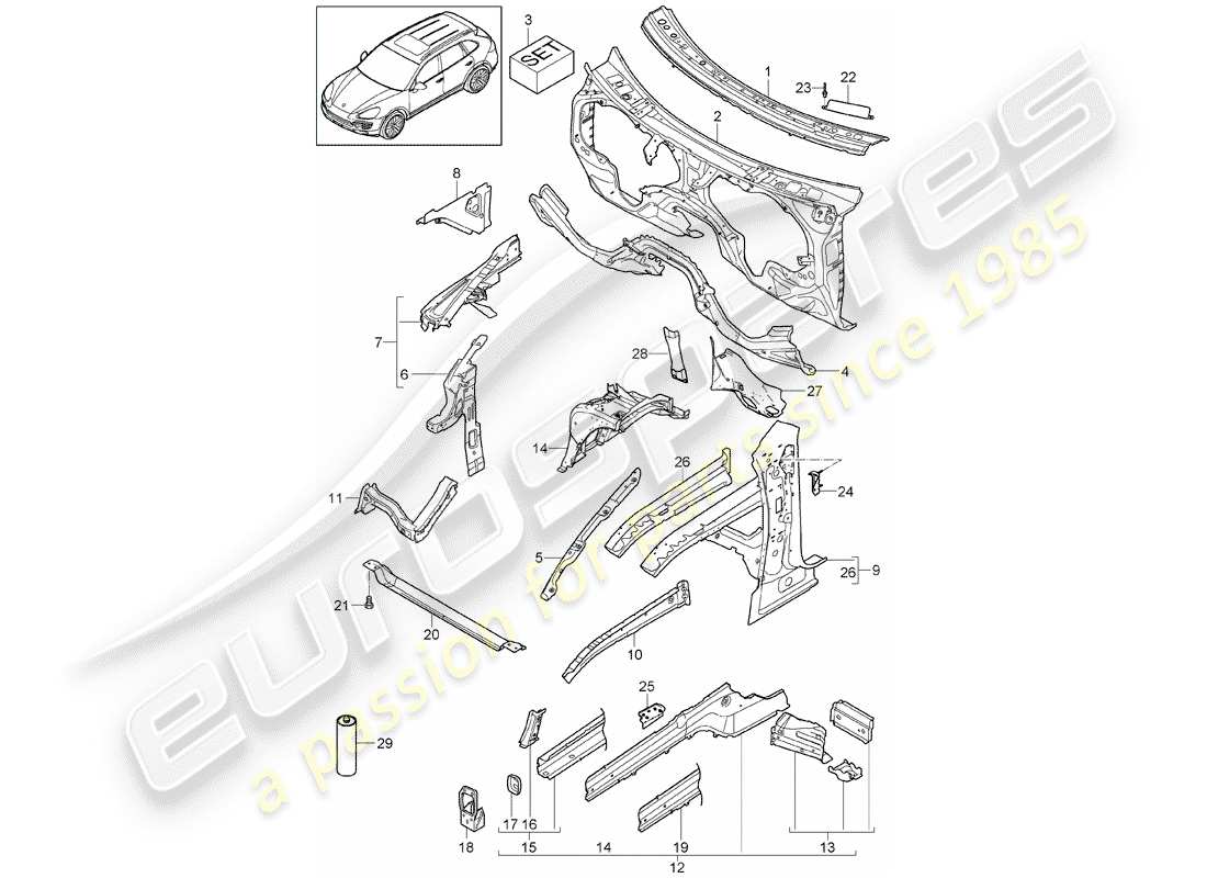 porsche 2012 (cayenne e2 92a) fine frontale diagramma delle parti