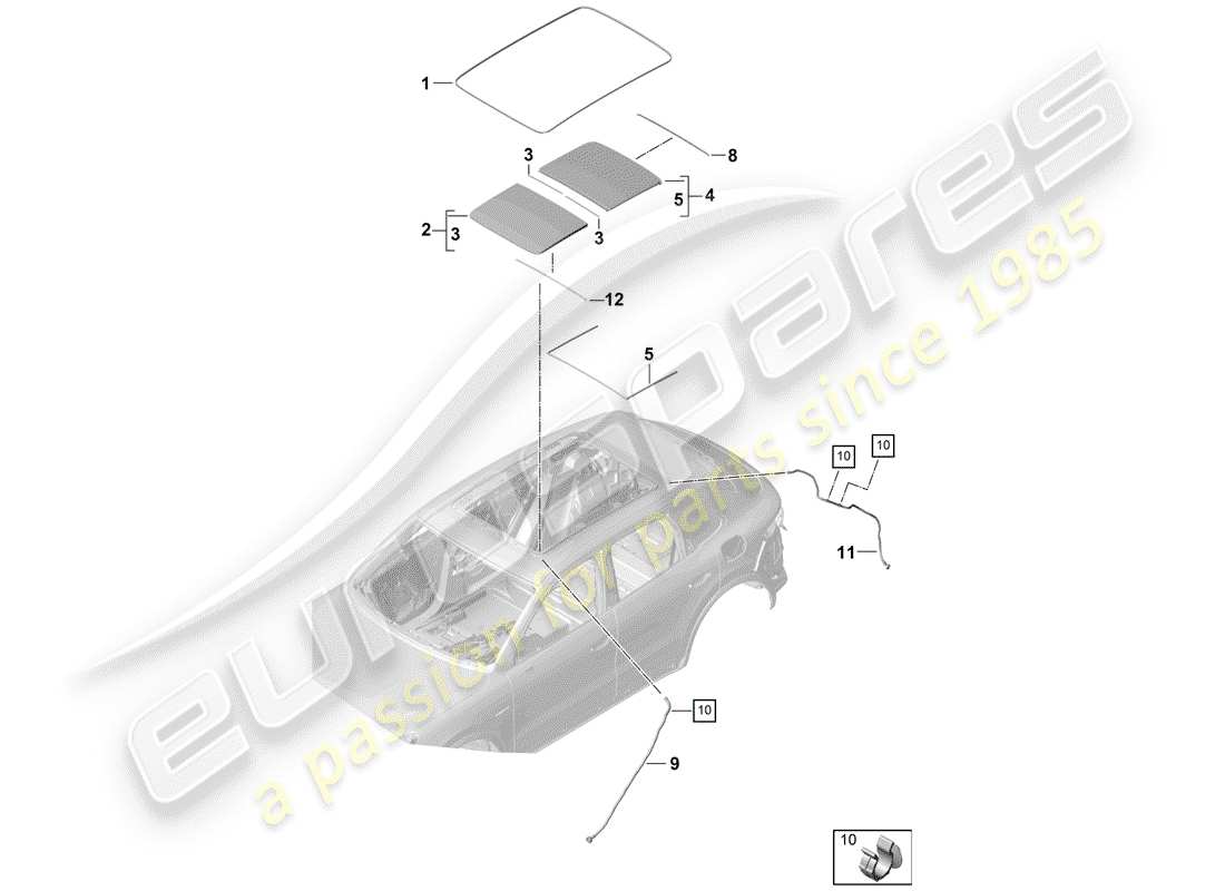 porsche 2020 (cayenne e3 9ya/9yb) schema delle parti del tetto in vetro