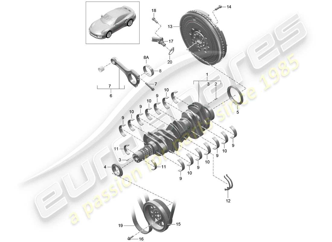 porsche 991 turbo (2019) schema delle parti dell'albero motore