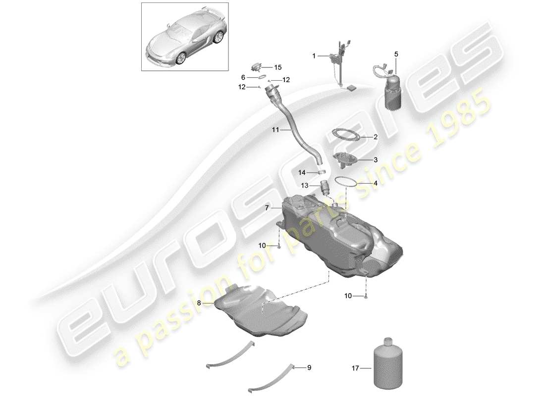 porsche 2016 (981 cayman gt4) diagramma delle parti del serbatoio del carburante