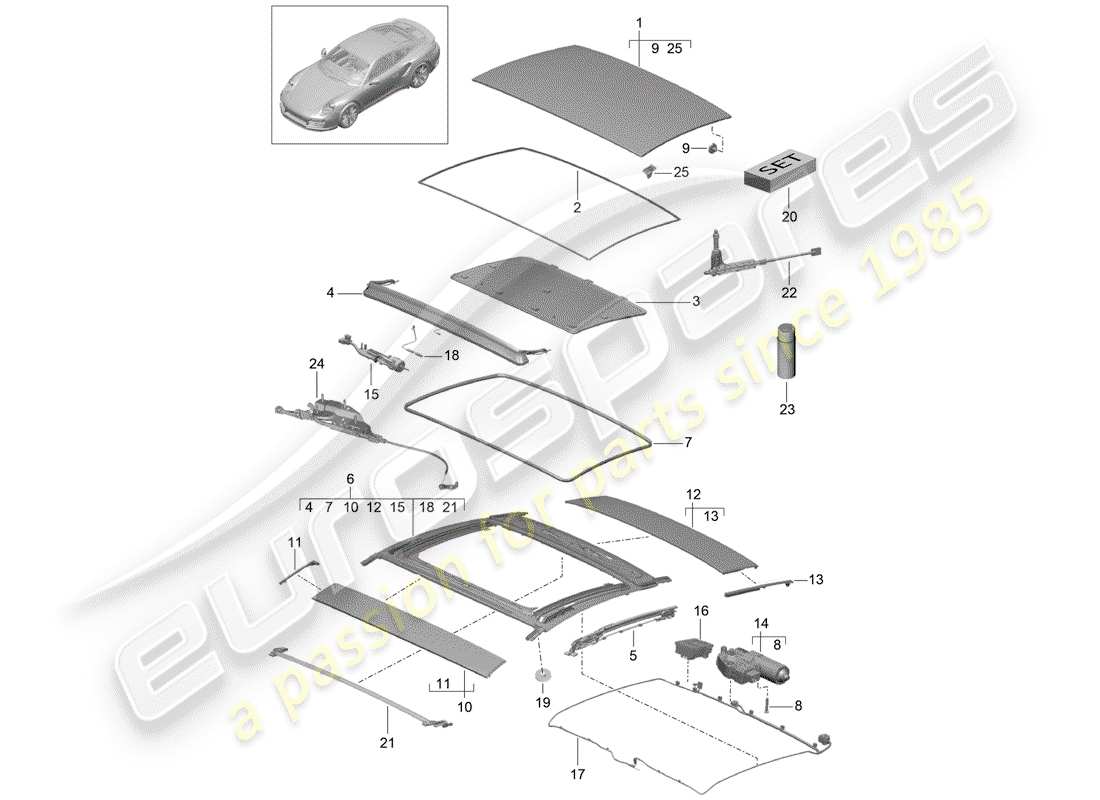 porsche 2020 (991-2 turbo) tetto scorrevole in vetro diagramma delle parti