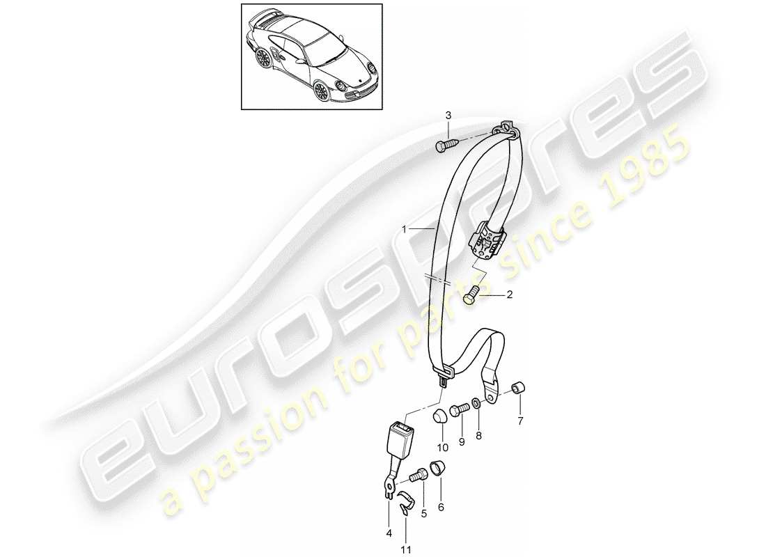 porsche 2011 (997-2 turbo / gt2 rs) diagramma delle parti della cintura di sicurezza