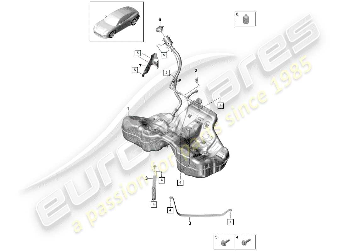 porsche 2020 (panamera 971-1) serbatoio del carburante con diagramma delle parti