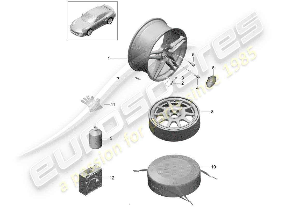 porsche 2016 (991-1 turbo) diagramma delle parti del cerchio in lega