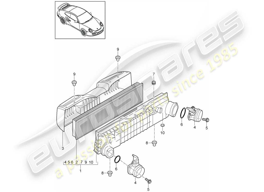 porsche 2011 (997-2 turbo / gt2 rs) diagramma delle parti del filtro dell'aria