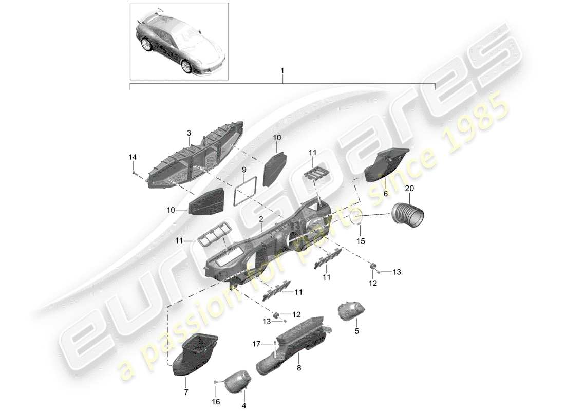 porsche 2019 (991-2 r/gt3/rs) diagramma delle parti del filtro dell'aria