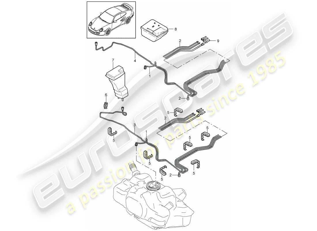 porsche 2011 (997-2 turbo / gt2 rs) schema delle parti del sistema di alimentazione