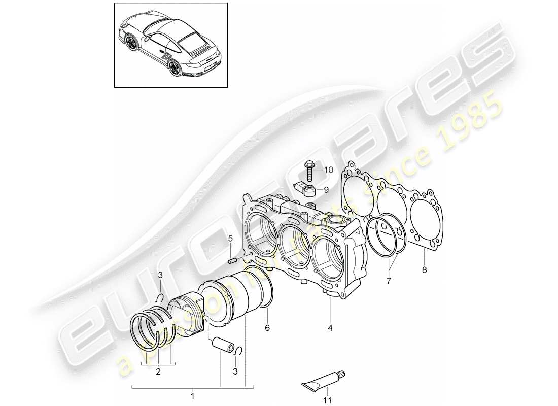 porsche 2011 (997-2 turbo / gt2 rs) cilindro con pistoni schema delle parti