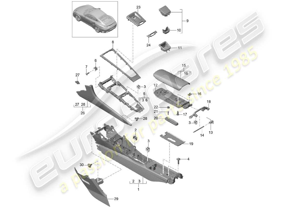porsche 991 turbo (2020) console centrale diagramma delle parti