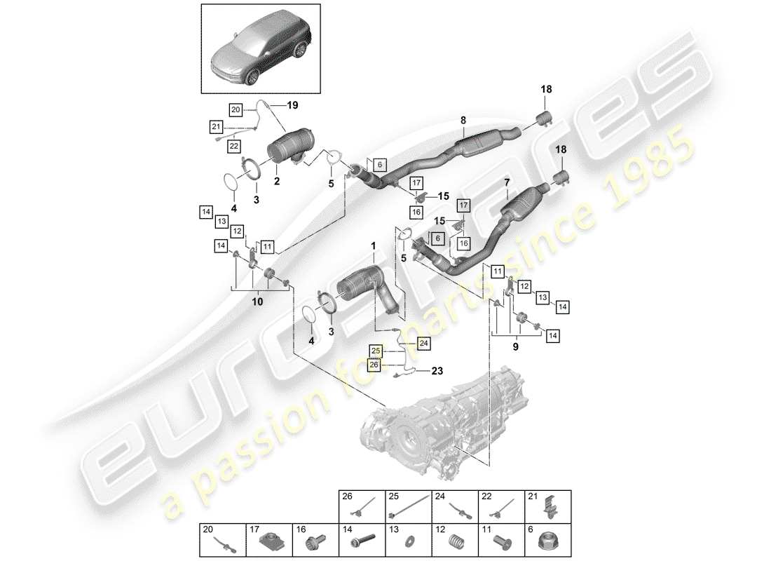 porsche 2020 (cayenne e3 9ya/9yb) diagramma delle parti del sistema di scarico
