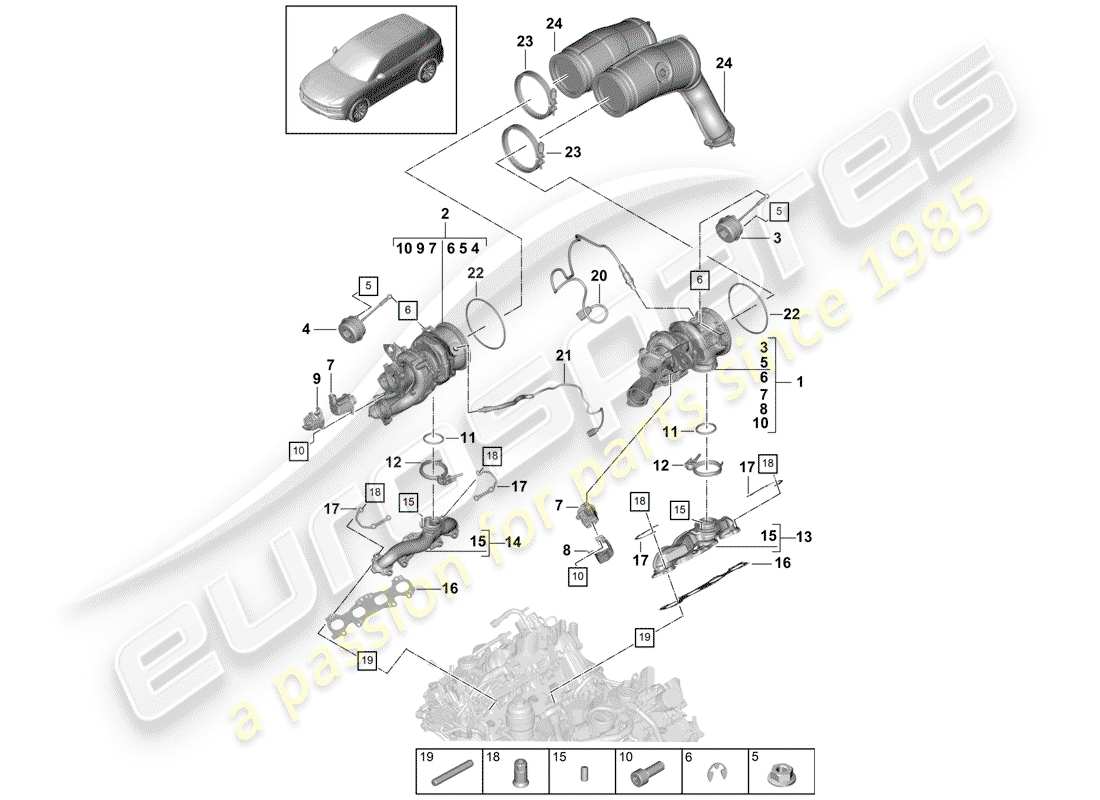 porsche 2018 (cayenne e3 9ya/9yb) turbocompressore gas di scarico diagramma delle parti