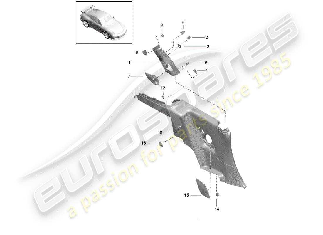 porsche 2015 (991-1 r/gt3/rs) pannello di rivestimento quartiere diagramma delle parti