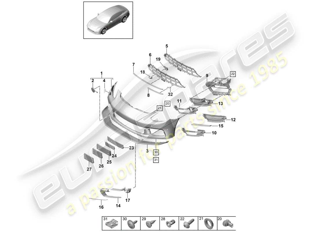 porsche 2017 (panamera 971-1) diagramma delle parti del paraurti