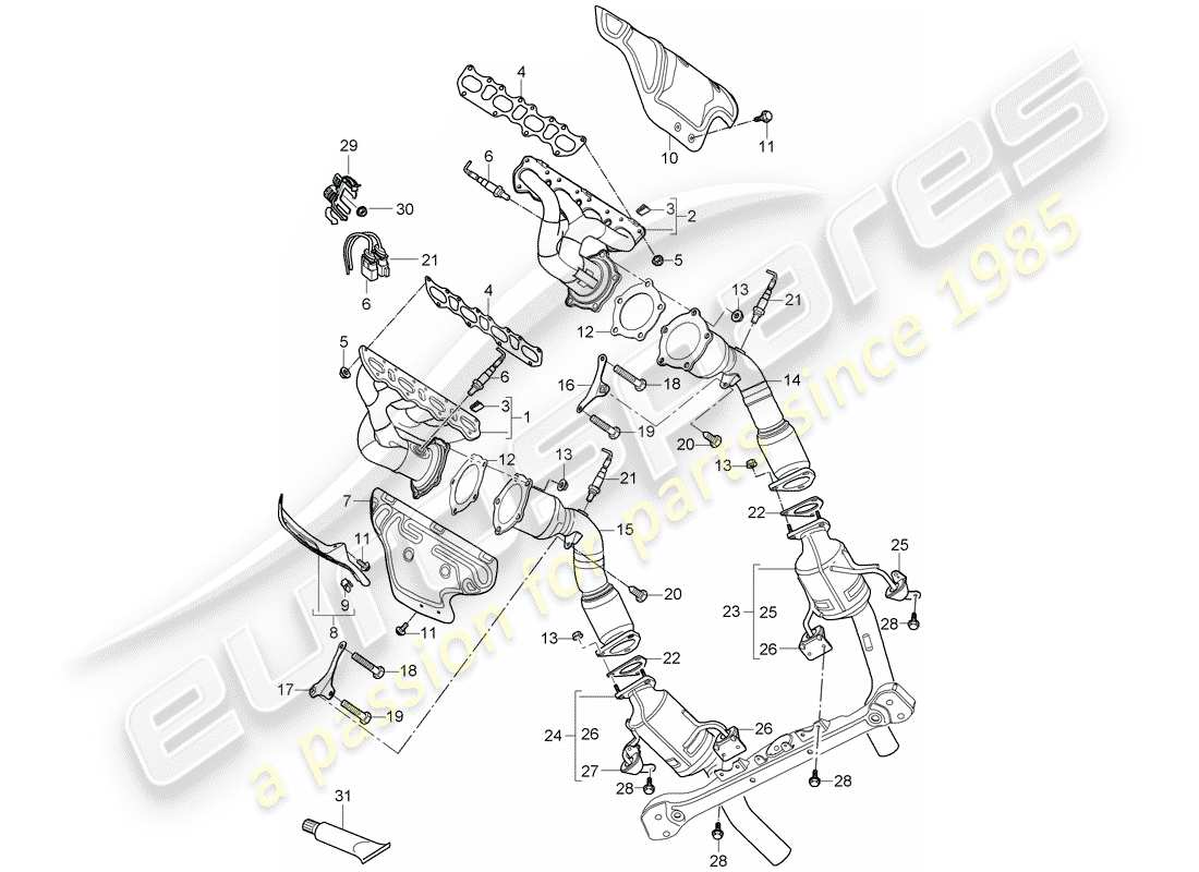 porsche 2008 (cayenne e1 9pa) impianto di scarico diagramma delle parti