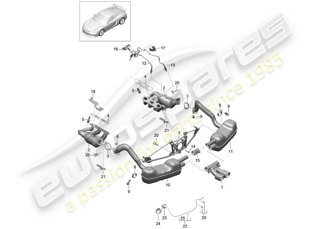 porsche 2016 (981 cayman gt4) diagramma delle parti del sistema di scarico