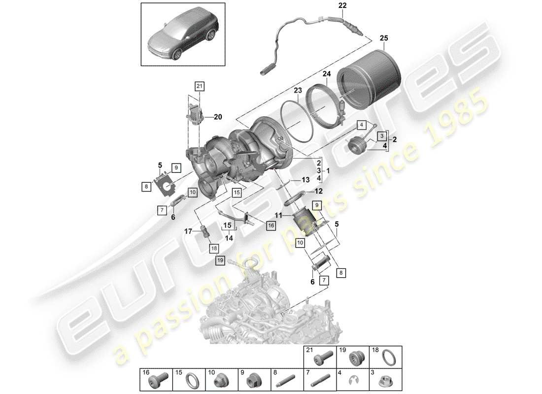 porsche 2020 (cayenne e3 9ya/9yb) turbocompressore gas di scarico schema delle parti