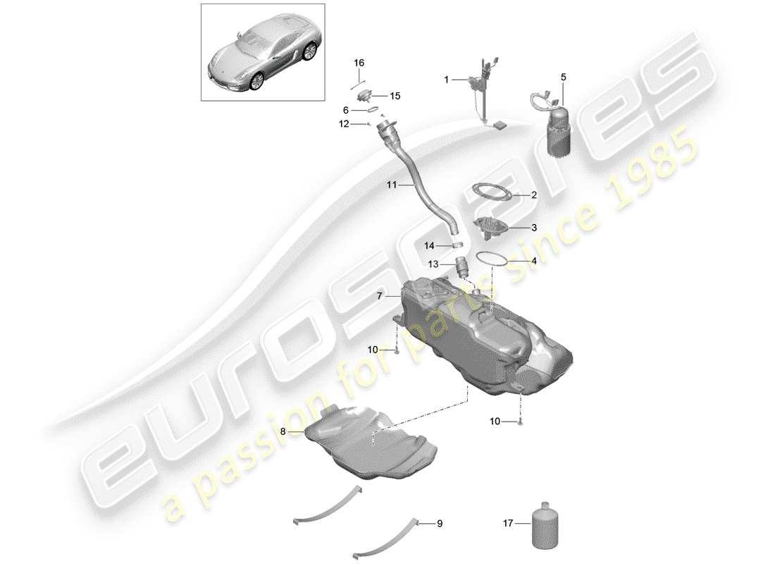 porsche 2015 (981 cayman) diagramma delle parti del serbatoio del carburante