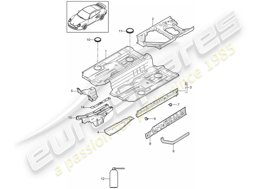 porsche 2012 (997-2 turbo / gt2 rs) pavimento diagramma delle parti