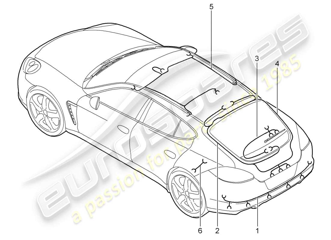 porsche 2012 (panamera 970) cablaggi, spoiler posteriore, rivestimento del tetto, cofano posteriore, sistema frenante antibloccaggio, abs, indicatore di usura delle pastiglie dei freni, schema delle parti dell'assale posteriore