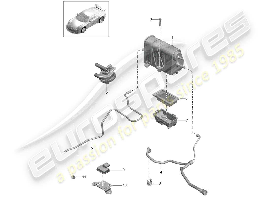 porsche 2019 (991-2 r/gt3/rs) schema delle parti del contenitore per emissioni evaporative
