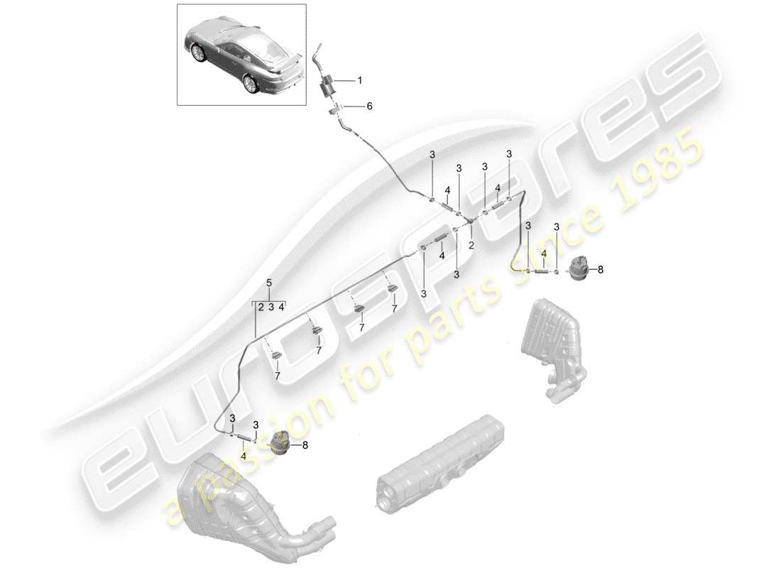 porsche 2019 (991-2 r/gt3/rs) diagramma delle parti del sistema di scarico